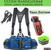 Gozyno Trail Edition heuptas met blauwe tas, borstband, koperkleurige bidon en neon-groene reflecterende band.