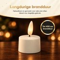 Eén witte led-kaars met 3D-vlam op een houten ondergrond, met tekst 'Tot 400 uur brandduur'.