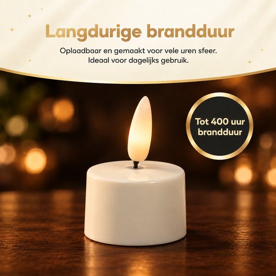 Eén witte led-kaars met 3D-vlam op een houten ondergrond, met tekst 'Tot 400 uur brandduur'.