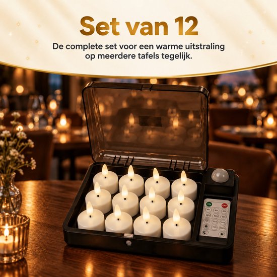 Complete set van 12 witte LED-waxinelichtjes in een oplaadstation met ingebouwde afstandsbediening.