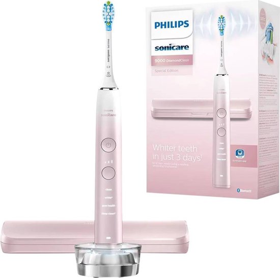 Roze Philips Sonicare 9000 DiamondClean elektrische tandenborstel, oplaadglas en reisetui met tekst 'Whiter teeth in just 3 days'.