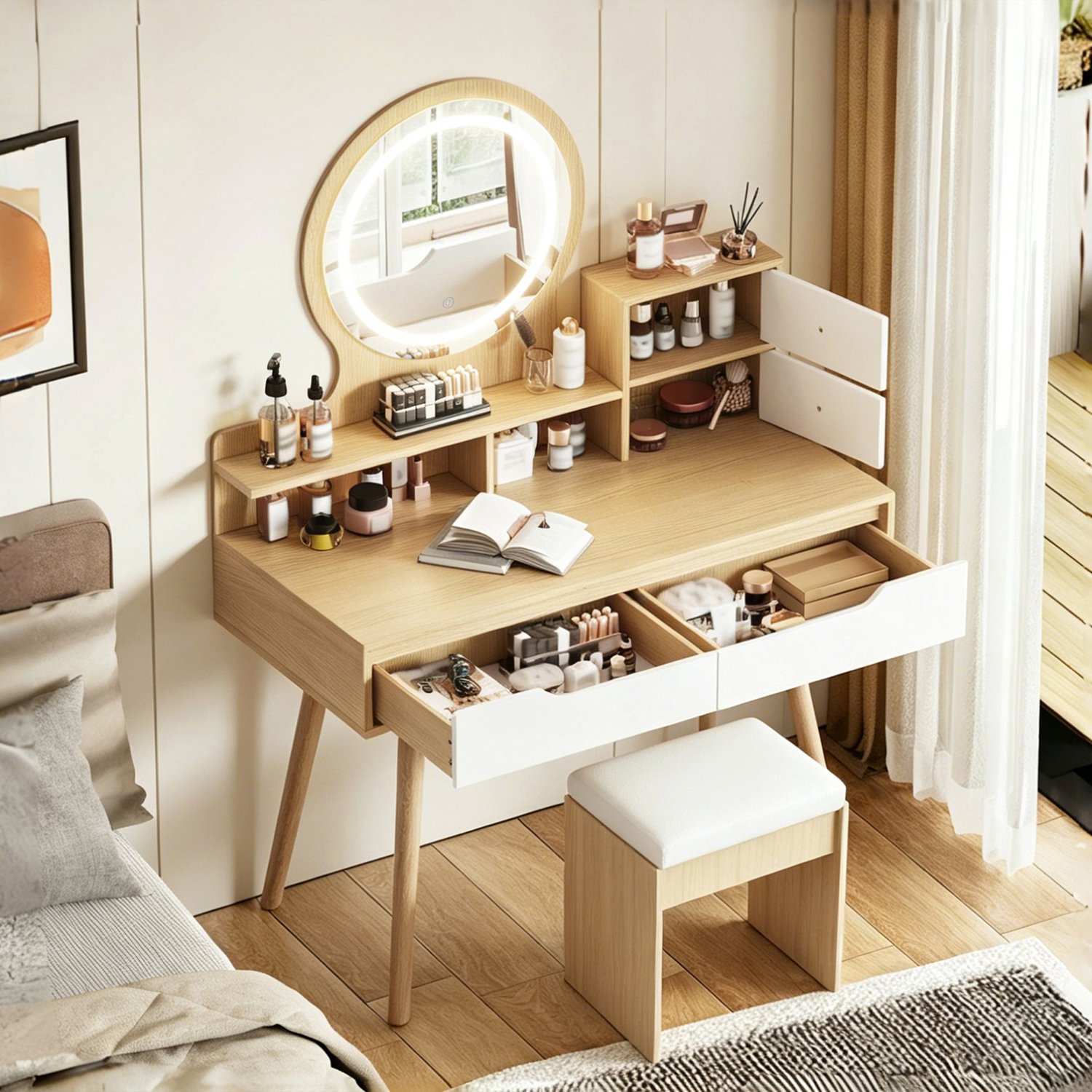 CHICFURN Kaptafel - LED-verlichting - Spiegel en kruk - MDF - Natuurlijk hout Naturel hout
