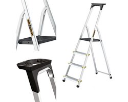 Drabest PRO-SERIE LADDERS Aluminium trapladder 4 en -Step huishoudladder 150kg - Aluminium trapladder met antislipvoeten en werkplatform – Multifunctionele ladder – 43 x 145 x 12cm