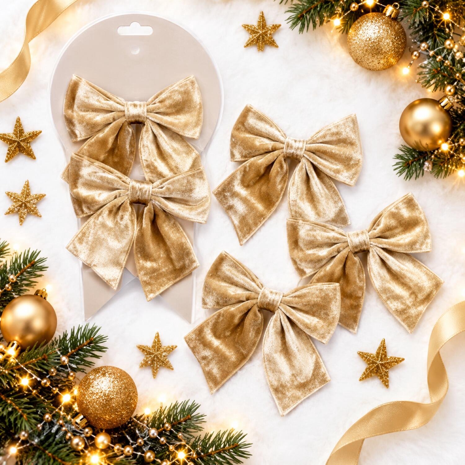 House of Seasons Kerst ornamenten strikken - 24x st - champagne - 12 x 13 cm - kerstboomstrikjes