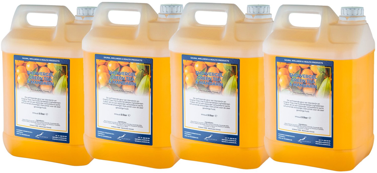 Claudius Douchegel Green Tea & Mandarin 5 liter - set van 4 stuks - showergel - navulling - voordeelverpakking
