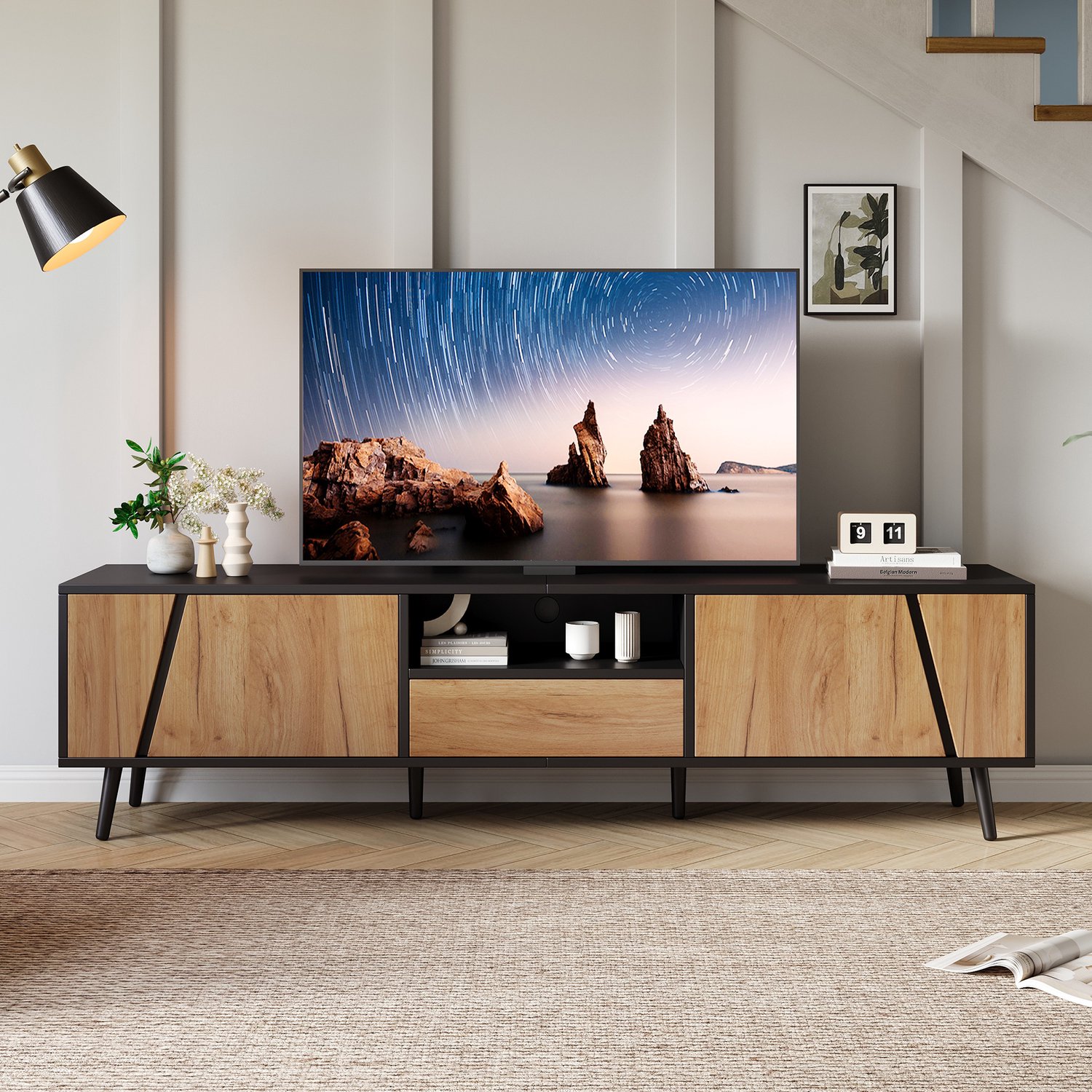 Tv meubel 180 x 40 x 46 cm - zwart naturel tv dressoir met twee kasten en één lade - voor ongeveer 75 inch televisie - woonkamer