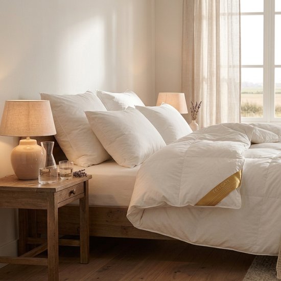 Luxe wit donzen Ten Cate dekbed op een opgemaakt bed in een lichte, rustieke slaapkamer.