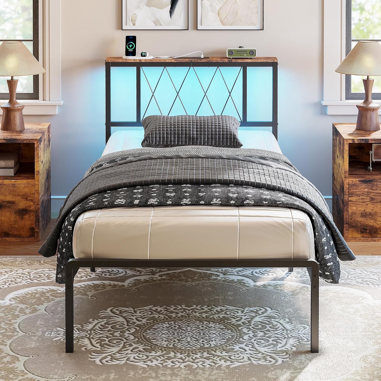 Bed 90x200 met ledverlichting, bedframe 90x200 met stopcontact, 1 USB, 1 USB-C-poort, metalen bed met hoofdeinde en opbergruimte, jeugdbed, eenpersoonsbed met metalen lattenbodem