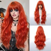 Wigs & More - Oranje Pruik Halloween - Pruiken Dames Lang haar - Golvend - Wasbaar - Incl. Haarnetje - 70 cm