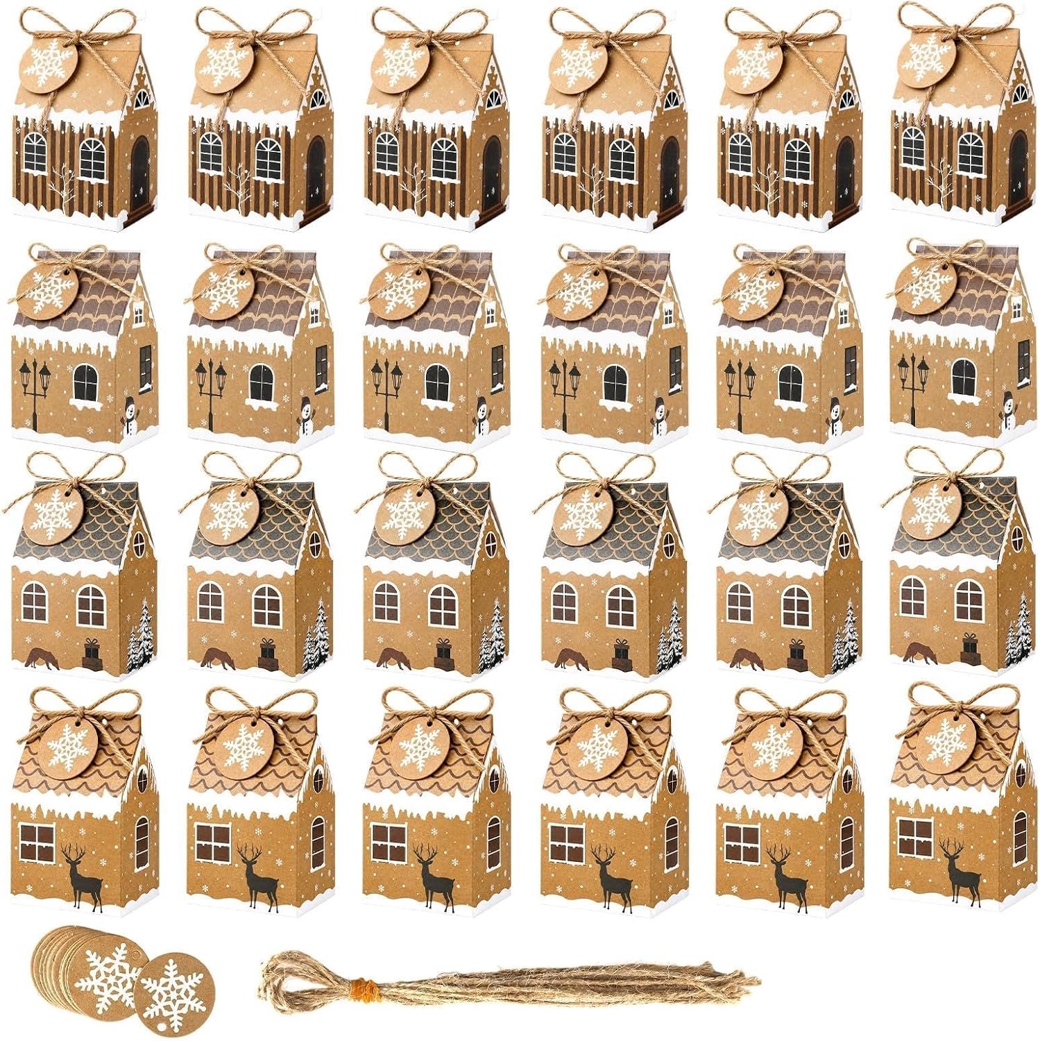 KZQ 24 Stuks Kerstgeschenkdozen – Verpakkingsdozen – Geschenkdozen – Inclusief touw, labels – Kerstdecoratie – Geschikt voor cadeaus voor kinderen en volwassenen, feestartikelen en geschenken – 4 stijlen