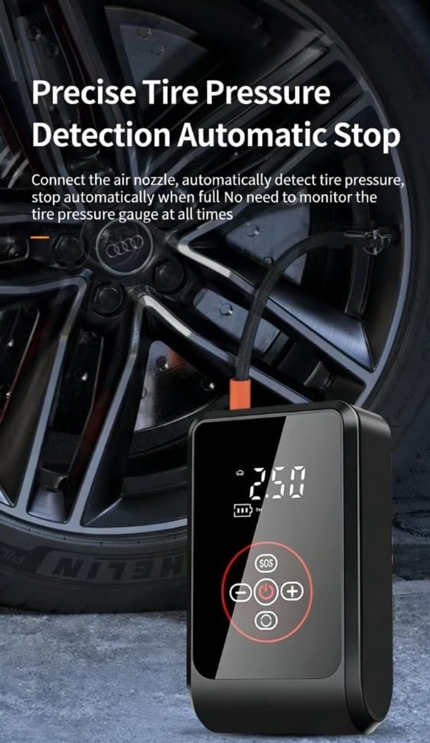 Autobandenpomp- Draagbaar- (150 PSI)- 4 Opblaasmodi- Automatische Uitschakeling- Powerbank-functie- LED-display- SOS-noodverlichting- Geschikt voor Auto's, Fietsen, Motorfietsen, Sportballen, Enz- Zwart — afbeelding 4