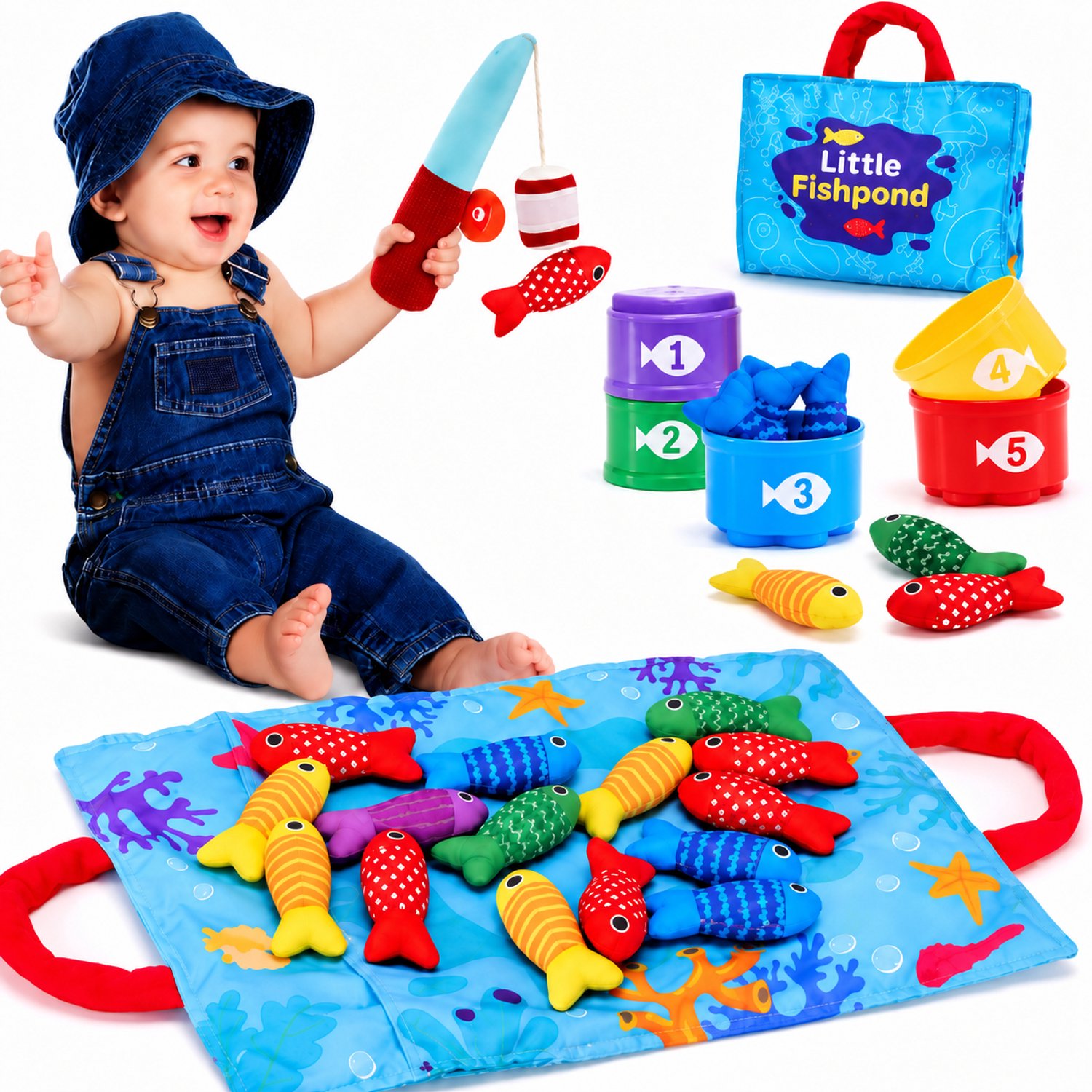 Silvergear® Visspel voor Kinderen vanaf 1 Jaar - Educatief Vishengelspel met Klittenband - 15 Stoffen Visjes, 5 Sorteerbekers en Speelmat - Vissen Vangen, Kleuren Sorteren en Motoriek - Montessori Speelgoed voor Baby en Peuters Cadeau 1,2,3,4 + Jaar