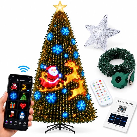 Namajunas - Smart Kerstboom Lichtgordijn - 1.8M - 400LED RGB - DIY Patronen Mogelijk - Met Eigen App & Afstandsbediening - Met Kerstboomtopster - Spraakbesturing - Muziek‑gestuurd Licht - Sfeerverlichting - Decoratie voor Huis - Cadeaus voor Kerst