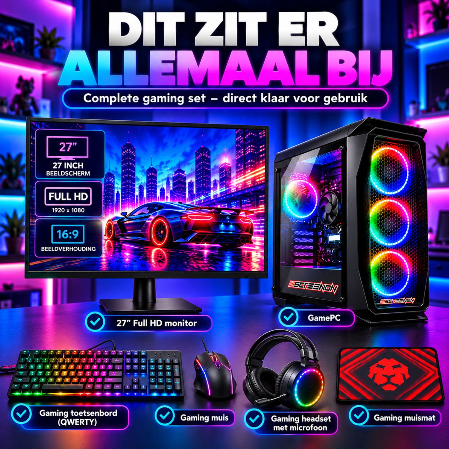 ScreenON Gaming Set – Complete Gaming PC met 27 inch Monitor – Ryzen 3 3200G – 8GB RAM – 512GB SSD – Radeon Vega 8 – Windows 11 Pro – Toetsenbord, Muis, Headset & Muismat thumbnail 3