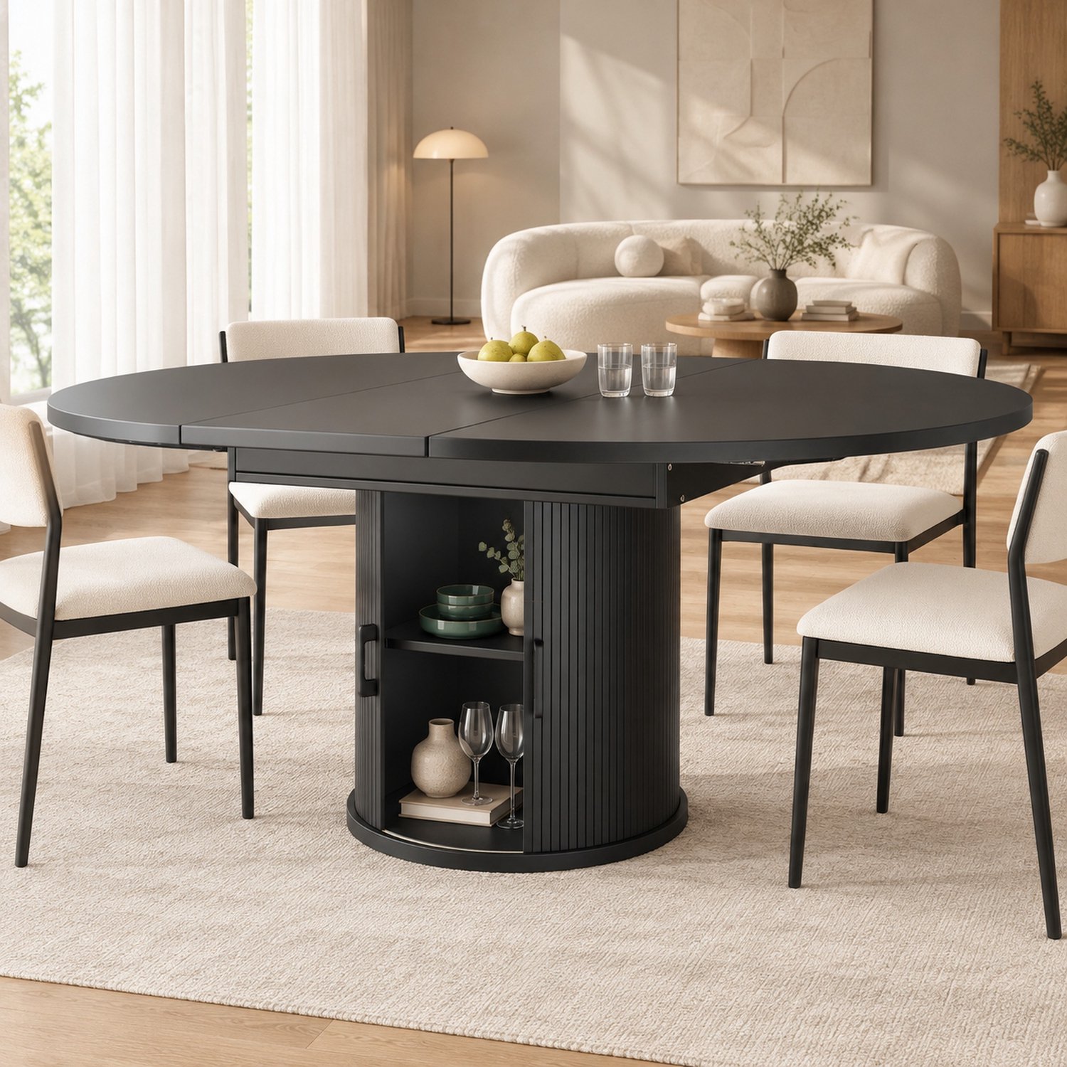 MIVRAY Eettafel - Uitschuifbaar Rond Naar Ovaal Met Opbergruimte - Voor Keuken En Eetkamer - MDF Zwart - 118-158x118x76,8 Cm