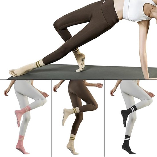 Sokken - antislip - 3 paar - Yoga Sokken - sokken dames - ademende katoenen sokken - pilates teensokken - sportsokken - met tenen - voor ballet, pilates, ziekenhuis, thuis - Beige, roze, zwart — afbeelding 3
