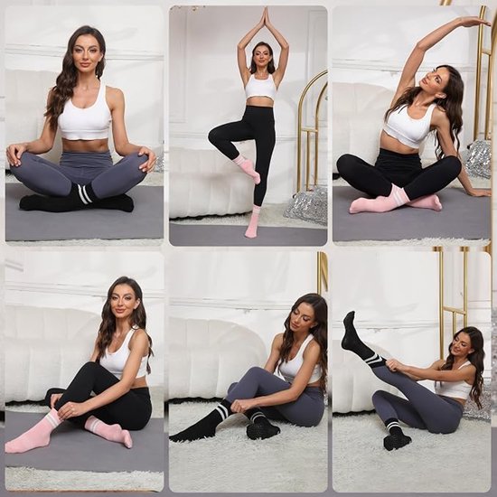 Yoga Sokken - 5 paar - Sokken - Antislip Sokken - Dames hoge - Pilates Sokken - met Grip - Sneakersokken - voor Dans en Workouts - Zwart, Wit, Grijs, Roze en Paars — afbeelding 3
