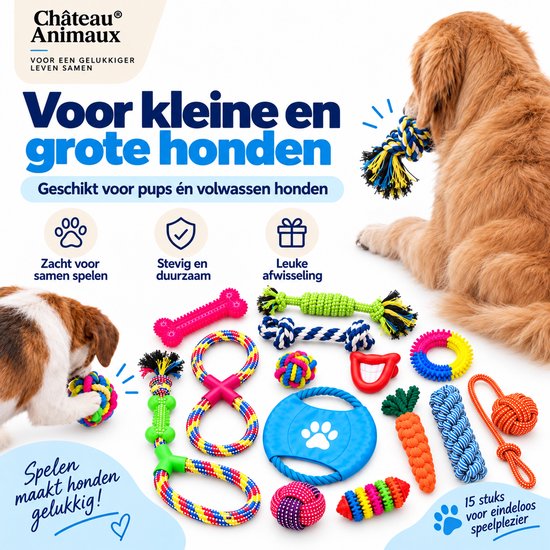 Set van 15 kleurrijke hondenspeeltjes waaronder touwen, ballen en kauwspeelgoed voor pups en volwassen honden.