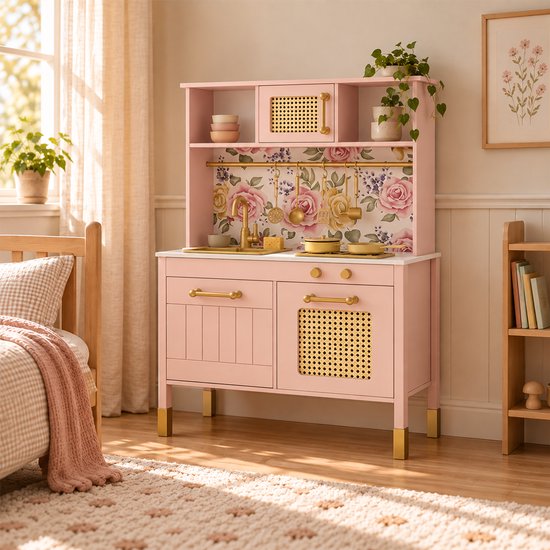 Roze speelkeuken met gouden details, rieten deurtje, bloemenpatroon achterwand en accessoires.