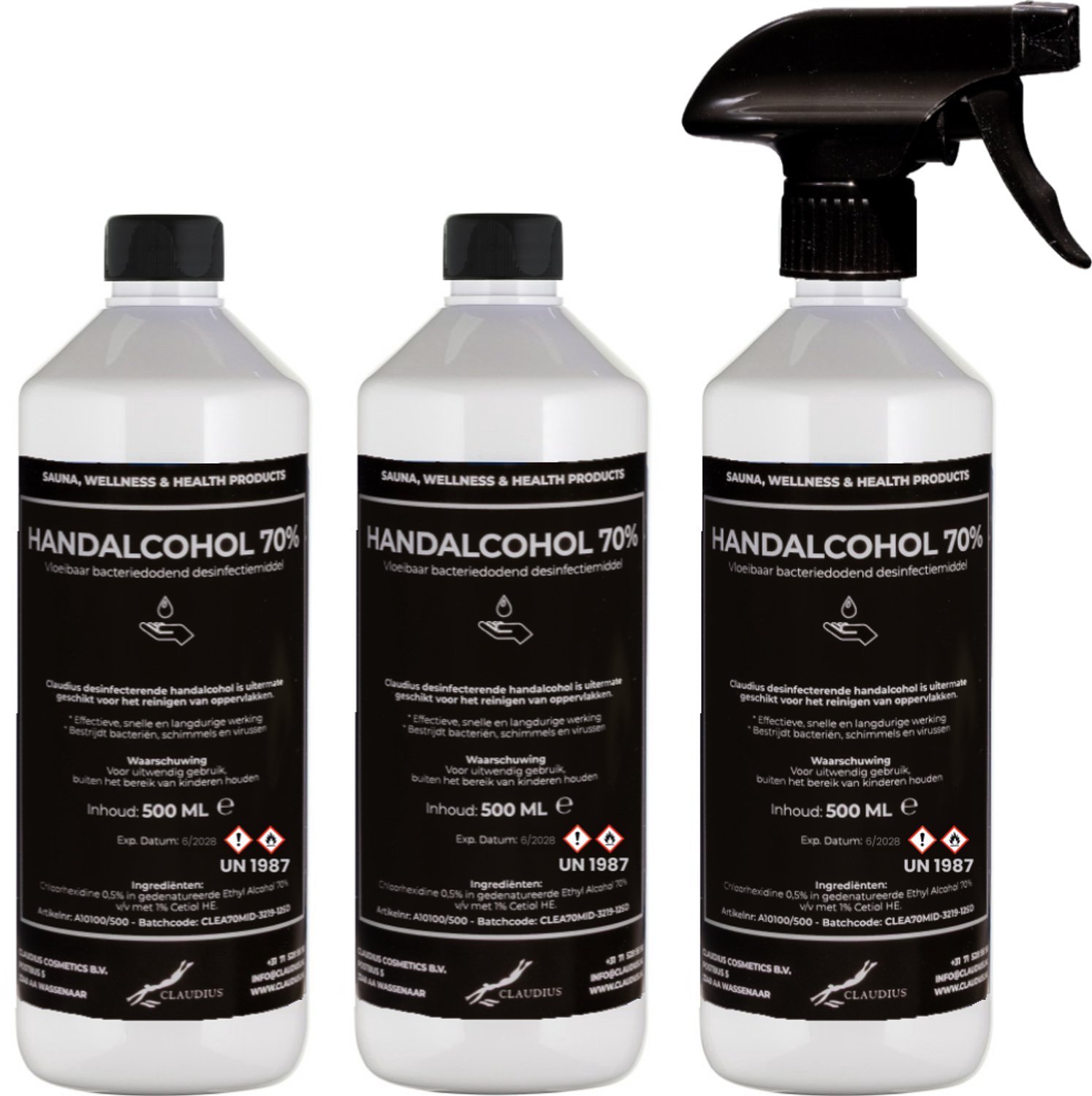 Handalcohol spray 70% - 500 ml met spraykop + 2 x 500 ml met dop