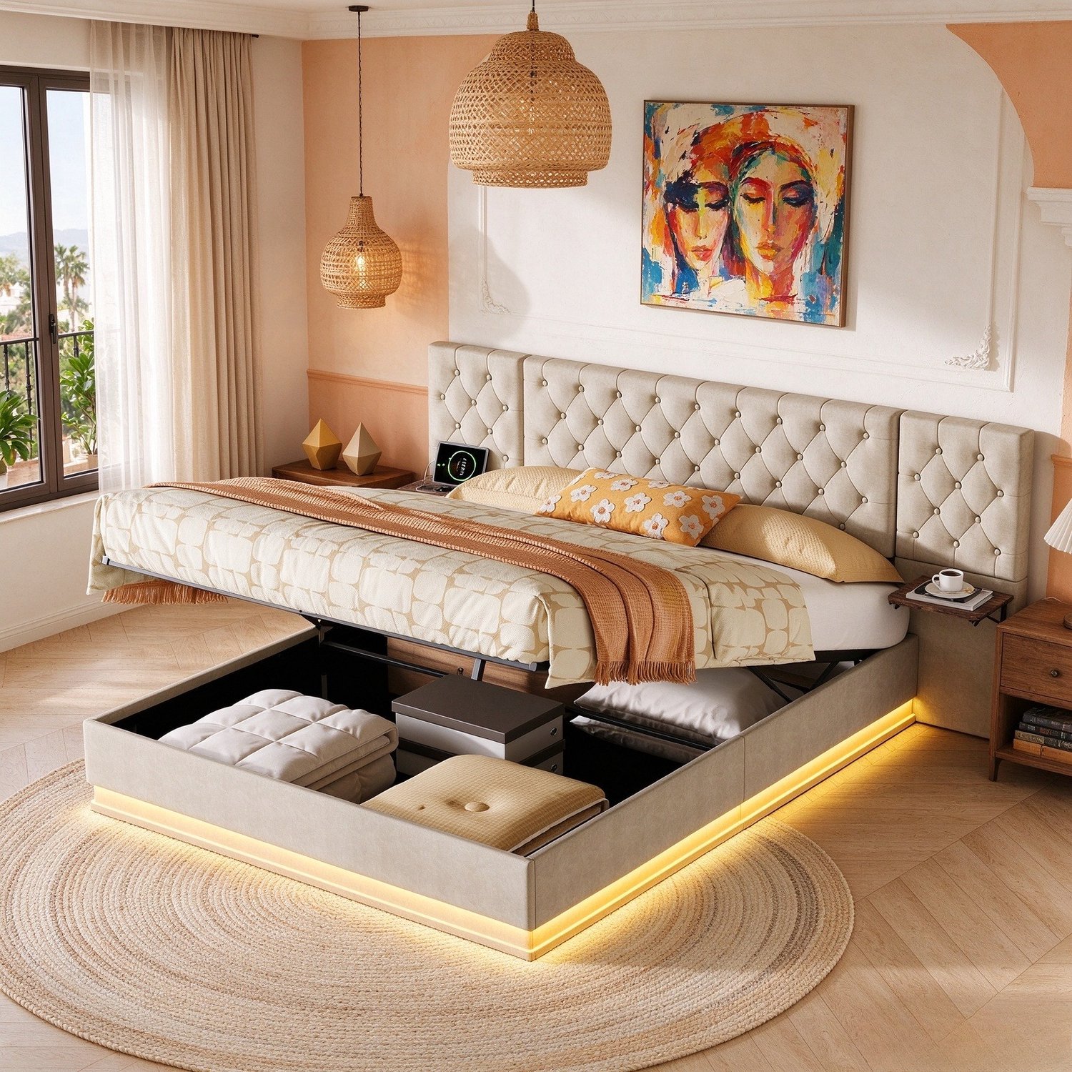 ROSAHQNDA Volwassen bed 140x200 cm, tweepersoonsbed met opbergruimte, 2 hoofdbordplanken, LED-verlichting en lattenbodem, linnen, beige, zonder matras