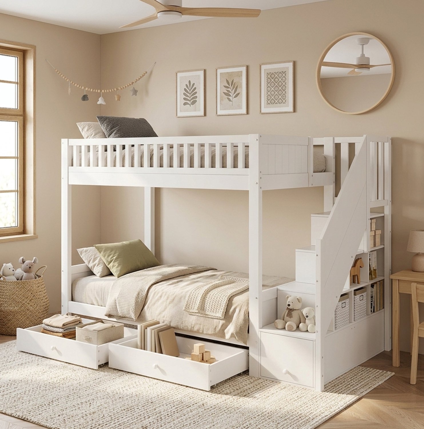 Wishdor Kinderstapelbed 90x200 cm - Twee slaapplaatsen - Opbergtrap en 2 bedlades - Uitvalbeveiliging - Wit hout en MDF - Kinderkamer slaapkamer