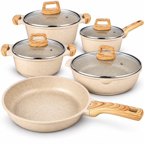 Maison & Kitchen 16-delige Pannenset – PFAS-vrij – Keramische Anti-aanbaklaag – Geschikt voor Inductie – Beige