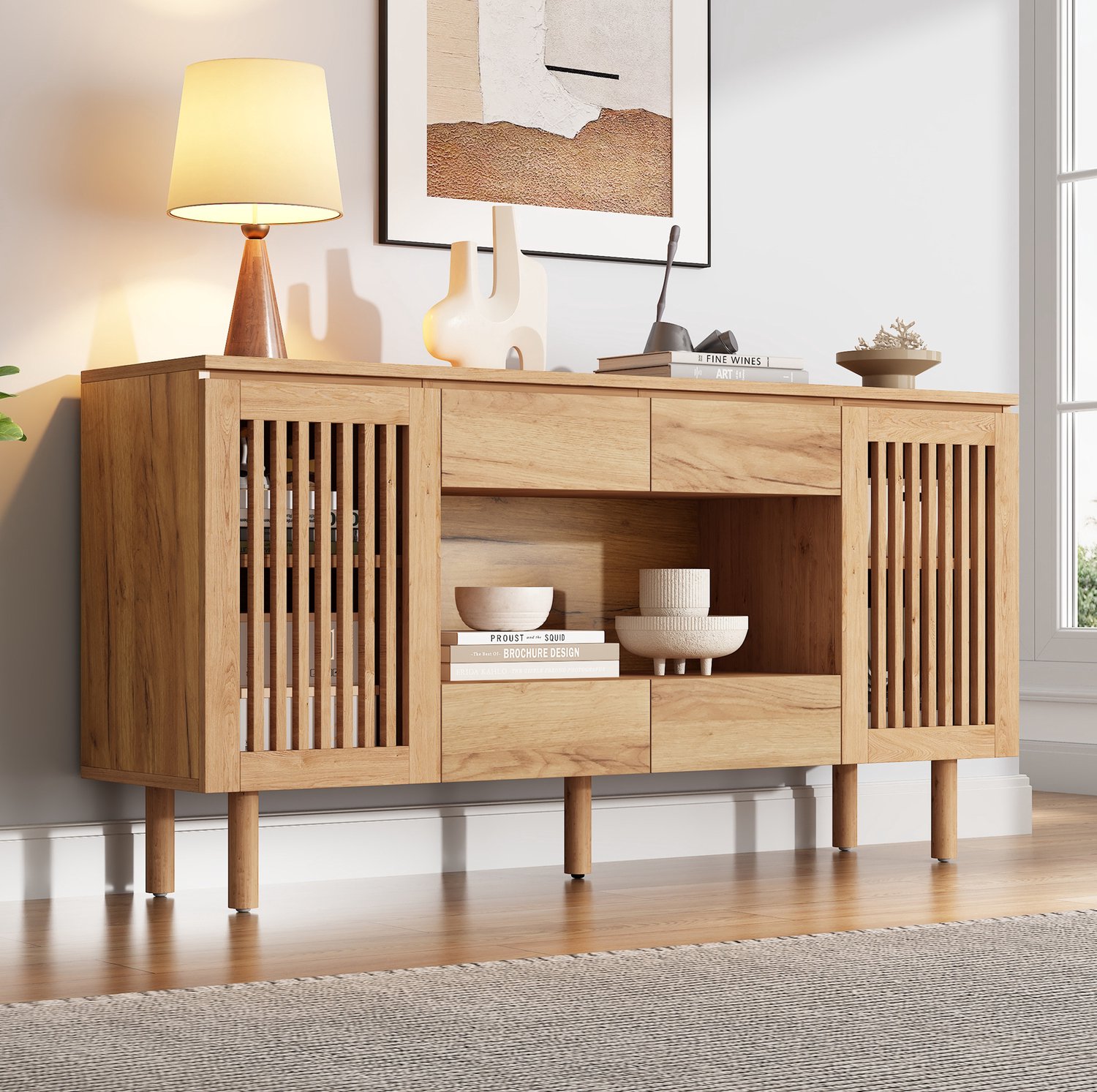 OKWISH Dressoir - 4 Lades En 2 Lamellendeuren - Voor Woonkamer, Eetkamer En Hal - Met 5 Houten Poten - MDF Naturel - 140 x 35 x 71 cm