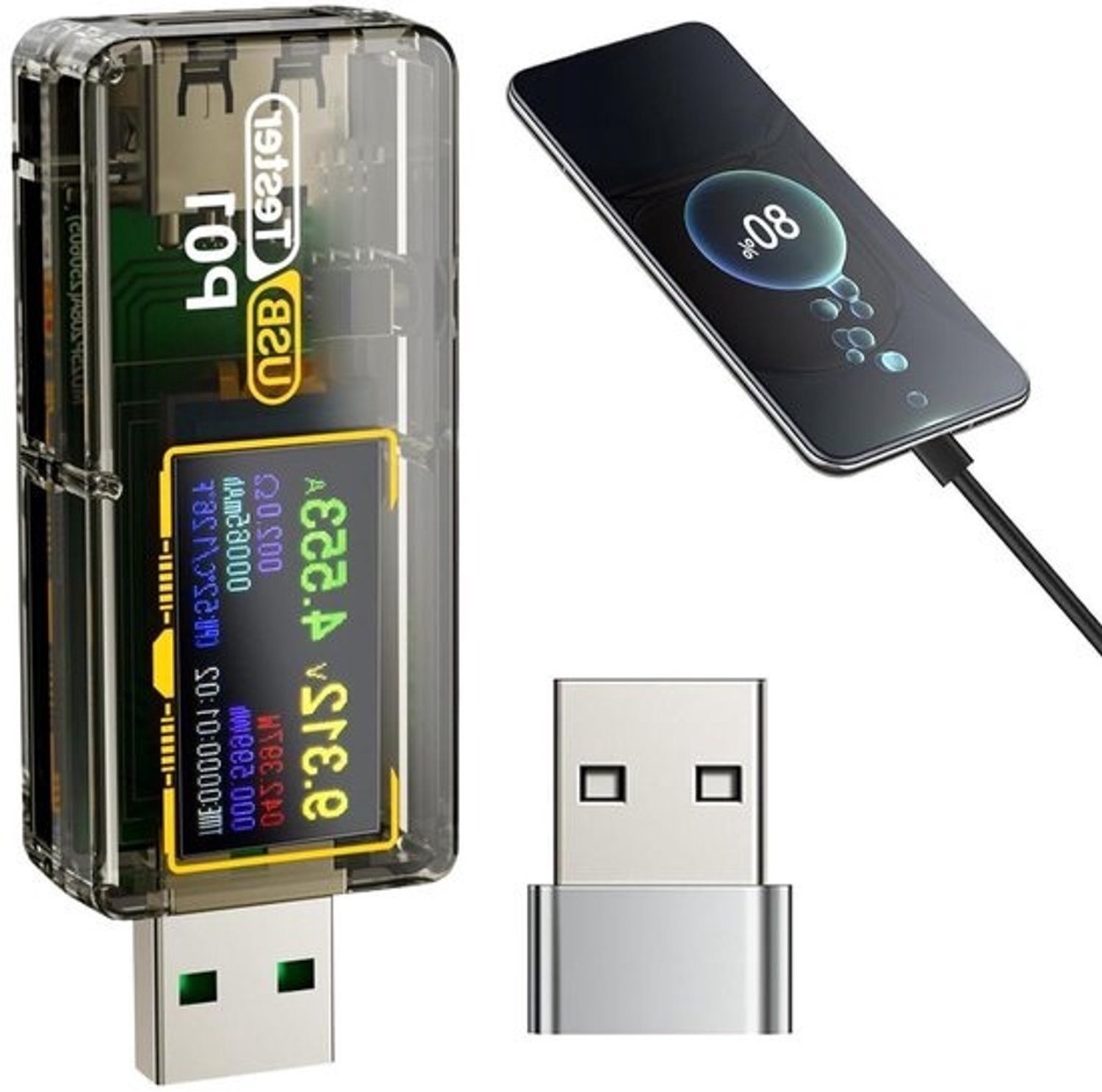 USB-tester - Stroommeter - Diagnostiek van apparaten - Draaibaar kleurenscherm - 64 x 24 cm - Zwart