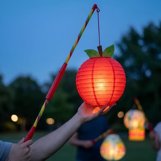 Appel Lampion met Stok - Rood - 25x25cm - Sint Maarten Optocht - Verjaardag Versiering - Feest Decoratie - Kinderfeestje - Lampionnen — afbeelding 2