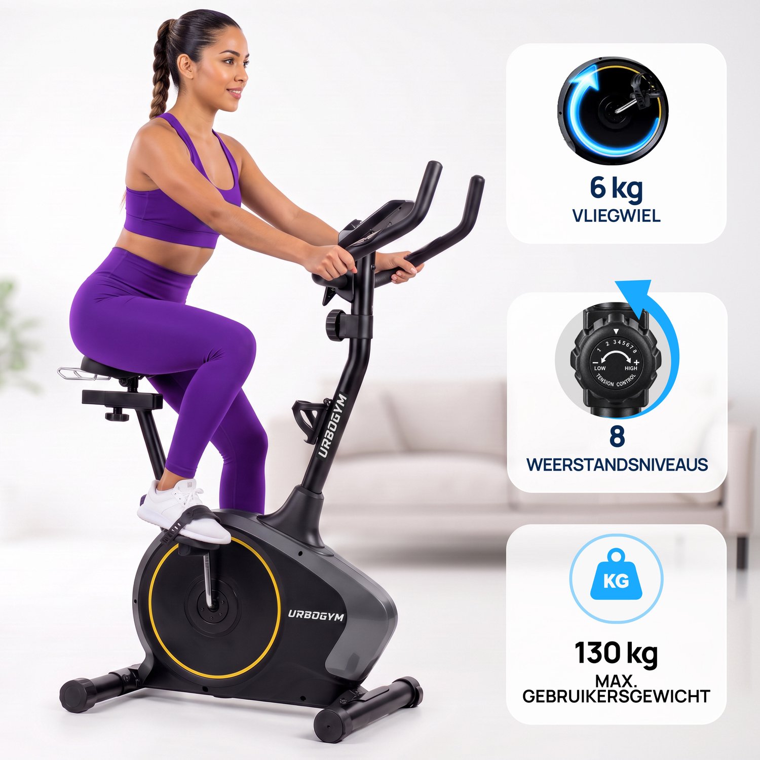 URBOGYM ARGO YELLOW Hometrainer - Magnetische Fitnessfiets - 8 Weerstandsniveaus - Vliegwiel 6 kg - Max. 130 kg - Geel