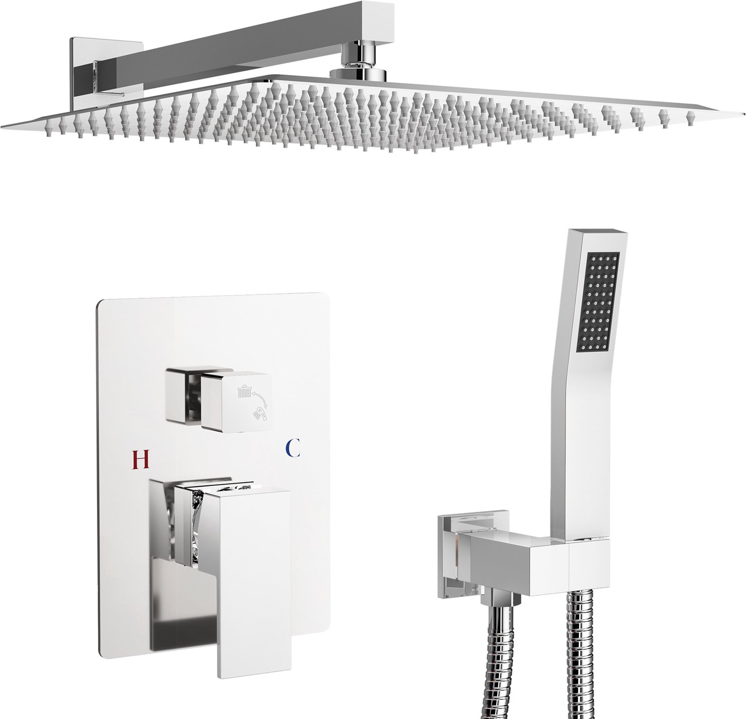 Auralum Max Inbouw Douchesysteem - Vierkant Bedieningspaneel - Koper - Doucheset - 30cm - Stortdouche - Met Handdouche - RVS - Complete Doucheset - Chroom