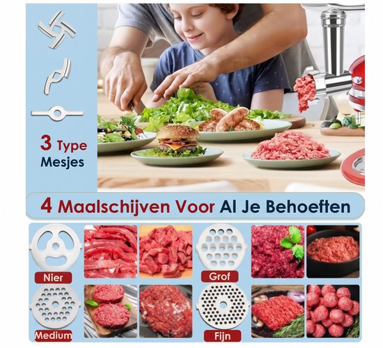 Metalen Voedselmolen Opzetstuk Geschikt voor KitchenAid Keukenmachine - Vleesmolen & Worstvuller Accessoireset met 4 Maalschijven & 3 Mesjes — afbeelding 5