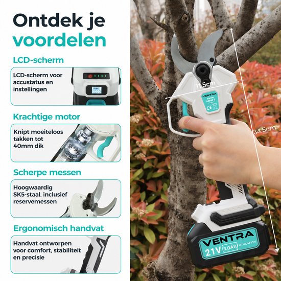 Ventra snoeischaar in gebruik: toont LCD-scherm, sterke motor, SK5-stalen messen en ergonomisch handvat.