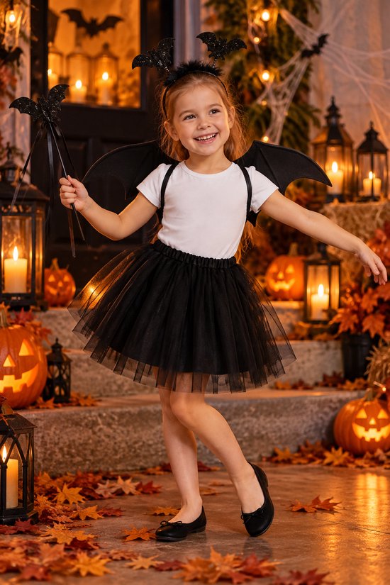 Meisje in Joyakids vleermuis kostuum met zwarte tutu, vleugels, haarband en toverstaf voor Halloween.