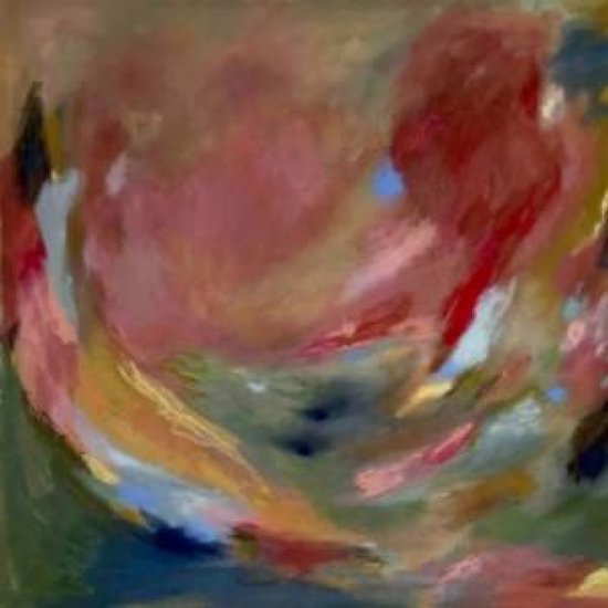 Abstract schilderij met vloeiende penseelstreken in rood, oker, groen en blauwe tinten.