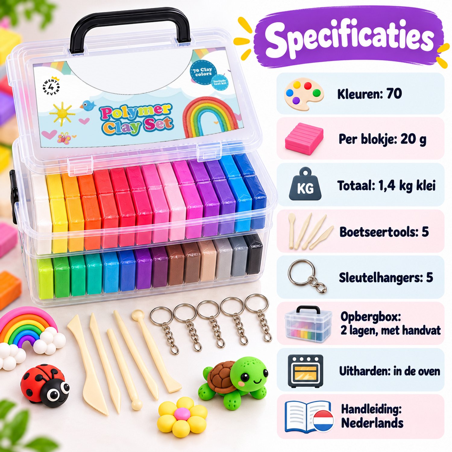 Twenty4seven® Polymeer Klei Set - 70 Kleuren - Boetseerklei om Sieraden te Maken - Knutselpakket voor Kinderen en Volwassenen - Cadeau voor Meisjes en Jongens vanaf 5 Jaar — afbeelding 5