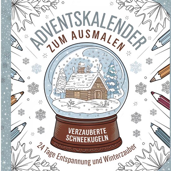 Kleurboek 'Adventskalender' met een sneeuwbol, houten huisje, dennenbomen en potloden om in te kleuren.
