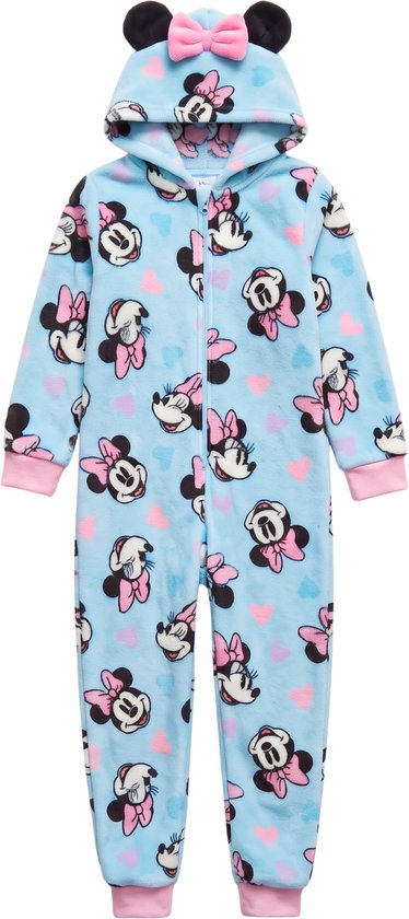 Blauwe Minnie Mouse onesie van zachte fleece met roze hartjes en een capuchon met oortjes en strik.