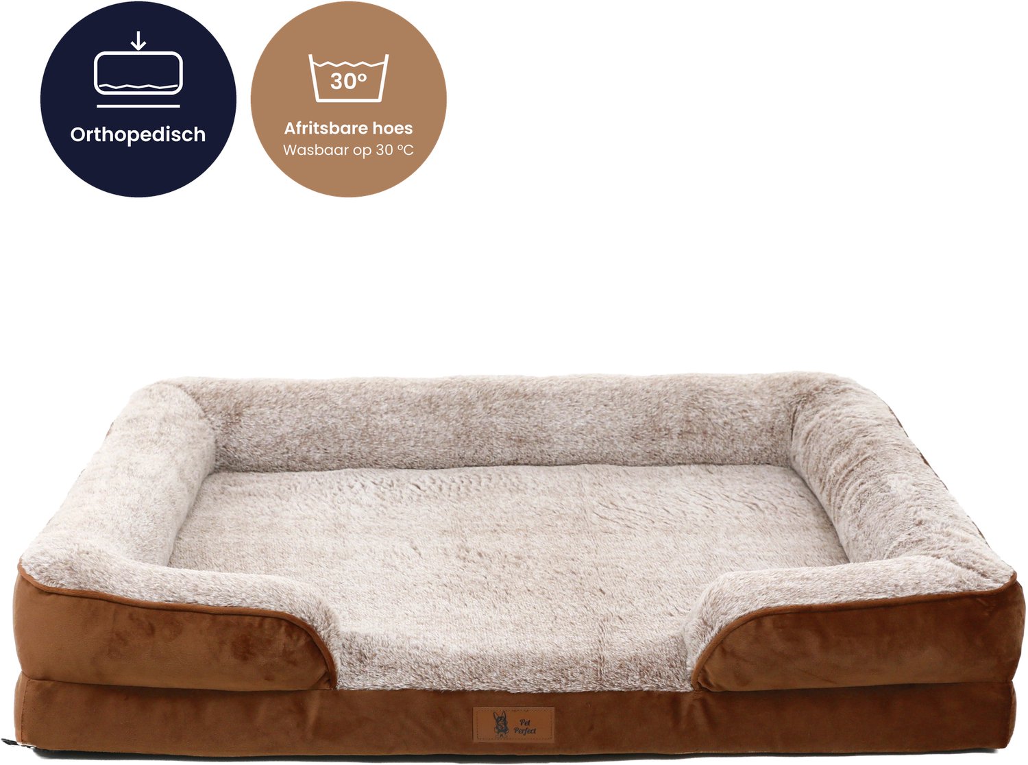 Pet Perfect Orthopedische Cosy Hondenmand - Wasbaar Hondenbed - Verhoogde Rand - Waterafstotende Binnenhoes - Antislip - 112x81 cm - XL - Bruin