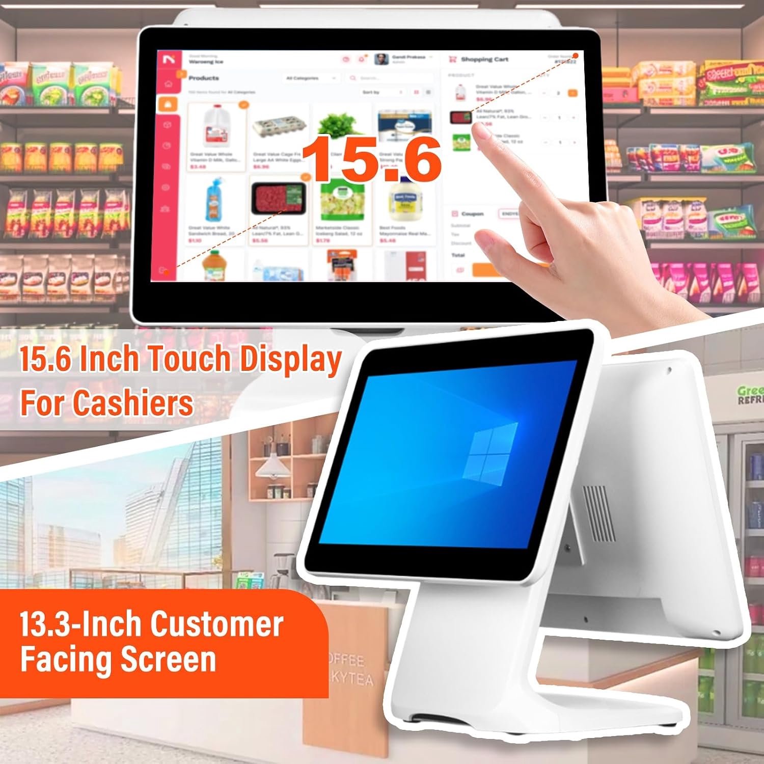DualTouch POS Kassasysteem – All-in-One Touchscreen Kassa met Dubbel Display, 15,6 Inch + 13,3 Inch Klantenscherm, Windows 10, 4 GB RAM, 64 GB Opslag, Multi-Touch voor Winkel, Restaurant, Café en Supermarkt