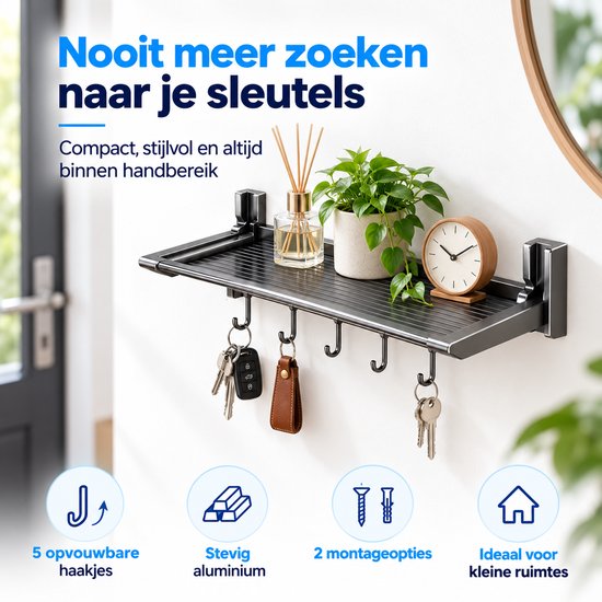 Grijze opvouwbare wandplank met 5 haken, geschikt voor sleutels, stevig aluminium materiaal.