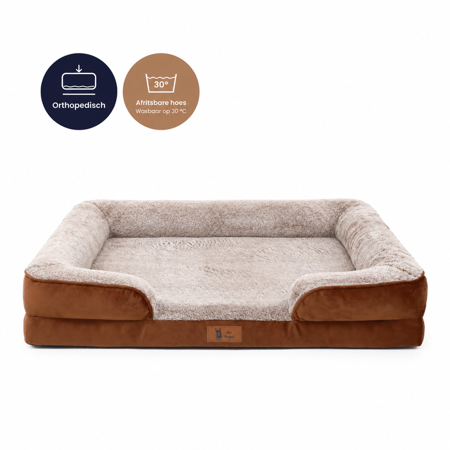 Pet Perfect Orthopedische Cosy Hondenmand - Wasbaar Hondenbed - Verhoogde Rand - Waterafstotende Binnenhoes - Antislip - 91x69 cm - L - Bruin
