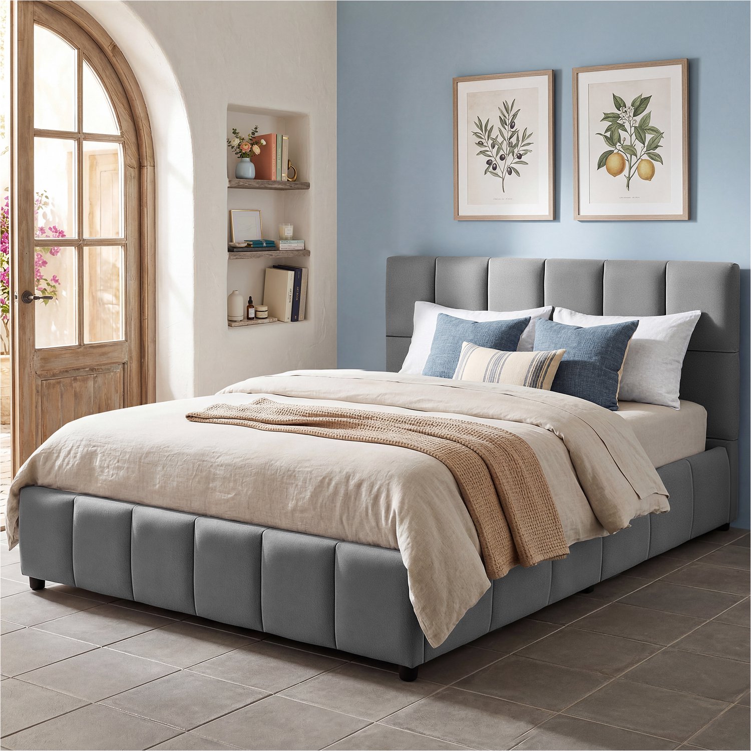 Tectake Gestoffeerd Bed met Geïntegreerde Lattenbodem - 180 x 200 cm - Draagkracht 250 kg - Fluwelen Bekleding met Stikpatroon - Stalen Frame - Met Hoofdbord - Twijfelaar - Donkergrijs Fluweellook Donkergrijs