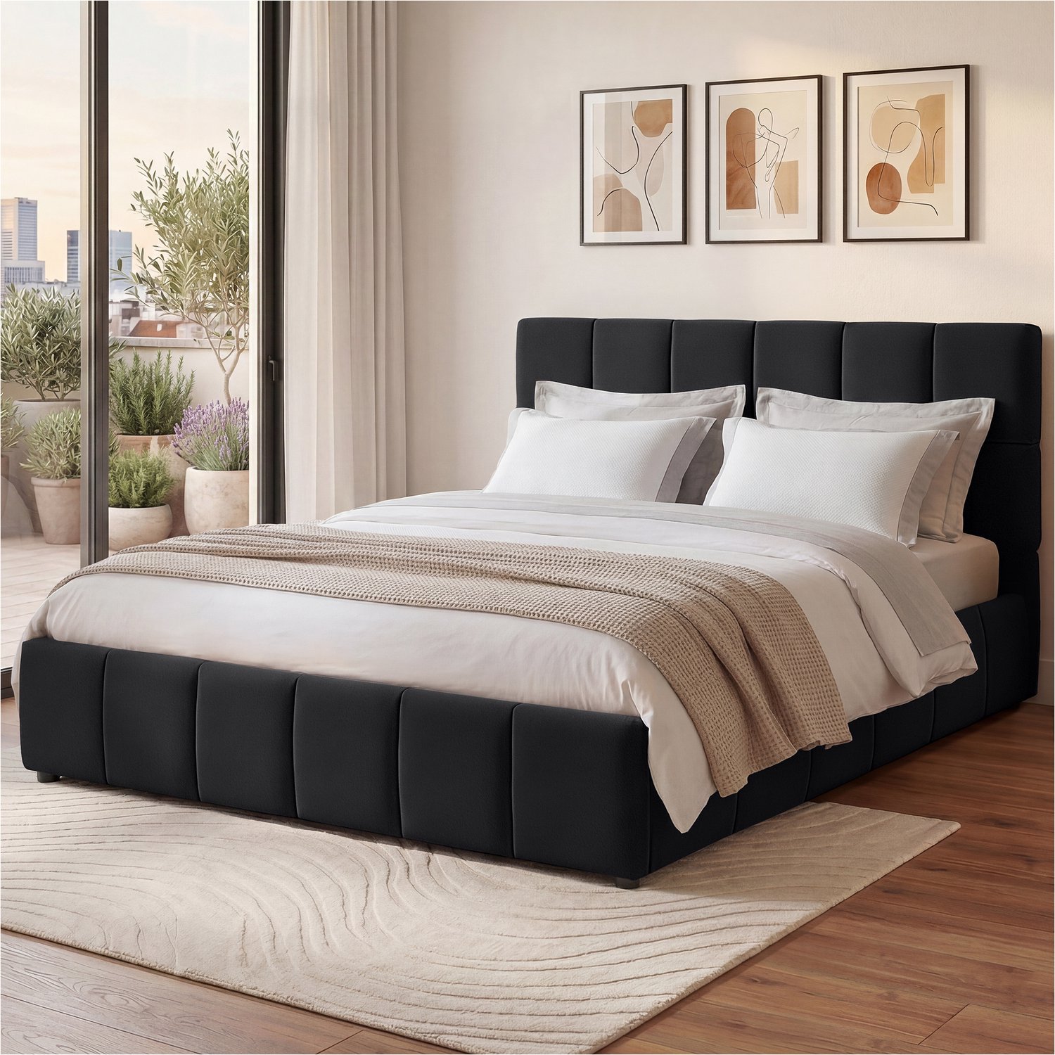 Tectake Gestoffeerd Bed met Geïntegreerde Lattenbodem - 180 x 200 cm - Draagkracht 250 kg - Fluwelen Bekleding met Stikpatroon - Stalen Frame - Met Hoofdbord - Twijfelaar - Zwart