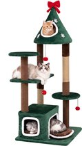 COSTWAY Krabpaal 137 cm Kattenkrabpaal Kerst met 2 Holen Groen Kattenboom met 3 Platforms Krabpalen 3 Pluche Ballen Meerlaagse Katten Toren