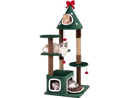 COSTWAY Krabpaal 137 cm Kattenkrabpaal Kerst met 2 Holen Groen Kattenboom met 3 Platforms Krabpalen 3 Pluche Ballen Meerlaagse Katten Toren