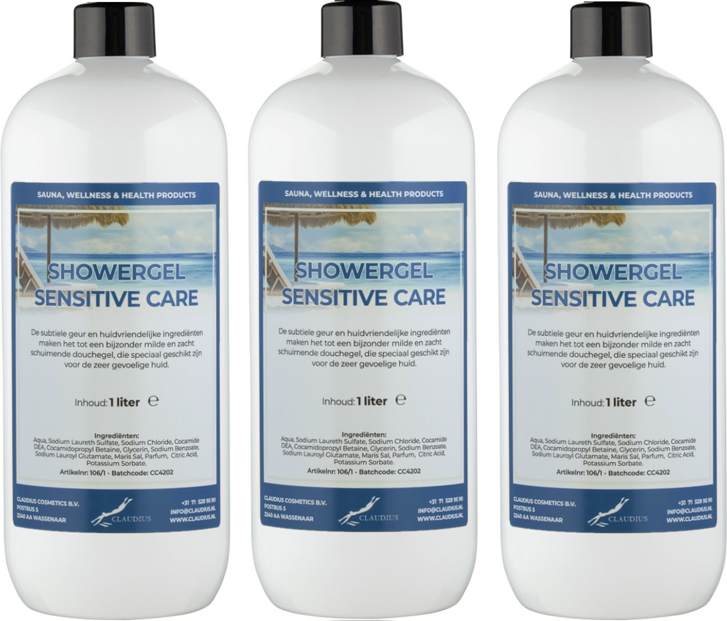 Claudius Douchegel Sensitive Care 1 Liter - set van 3 stuks - showergel - navulling - voordeelverpakking