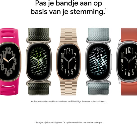 Vijf Fitbit Edge-trackers met diverse bandjes en wijzerplaten in verschillende kleuren en stijlen.