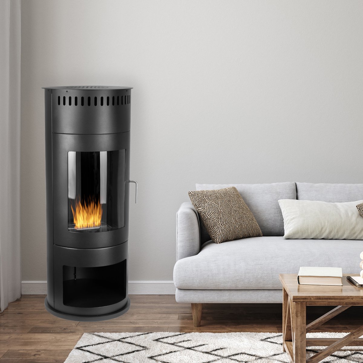 Design Bio-ethanol Haard Rond – Vrijstaande Sfeerhaard 113 cm – Met Kijkvenster – Zwart – Ethanol Haard voor Woonkamer – Zonder Schoorsteen